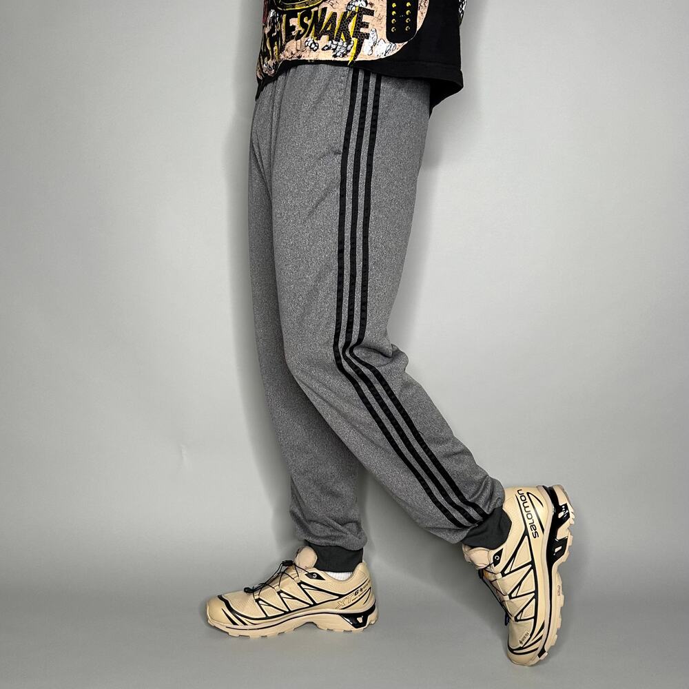 Vintage Y2K Adidas Sweatpants Mens L Grey Black 3 Stripes Polyester Joggers